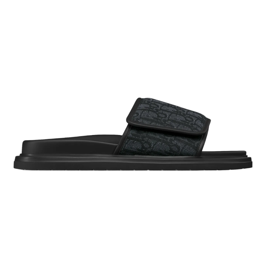 Black sandal with brand logo on a white background