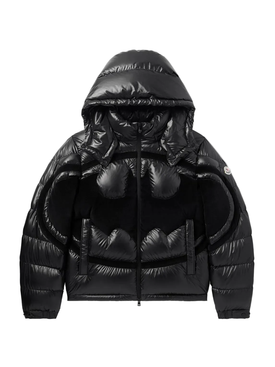 A black puffer jacket with a Batman-inspired bat-shaped quilted design on the front, featuring a hood and a front zipper, shown against a plain white background.